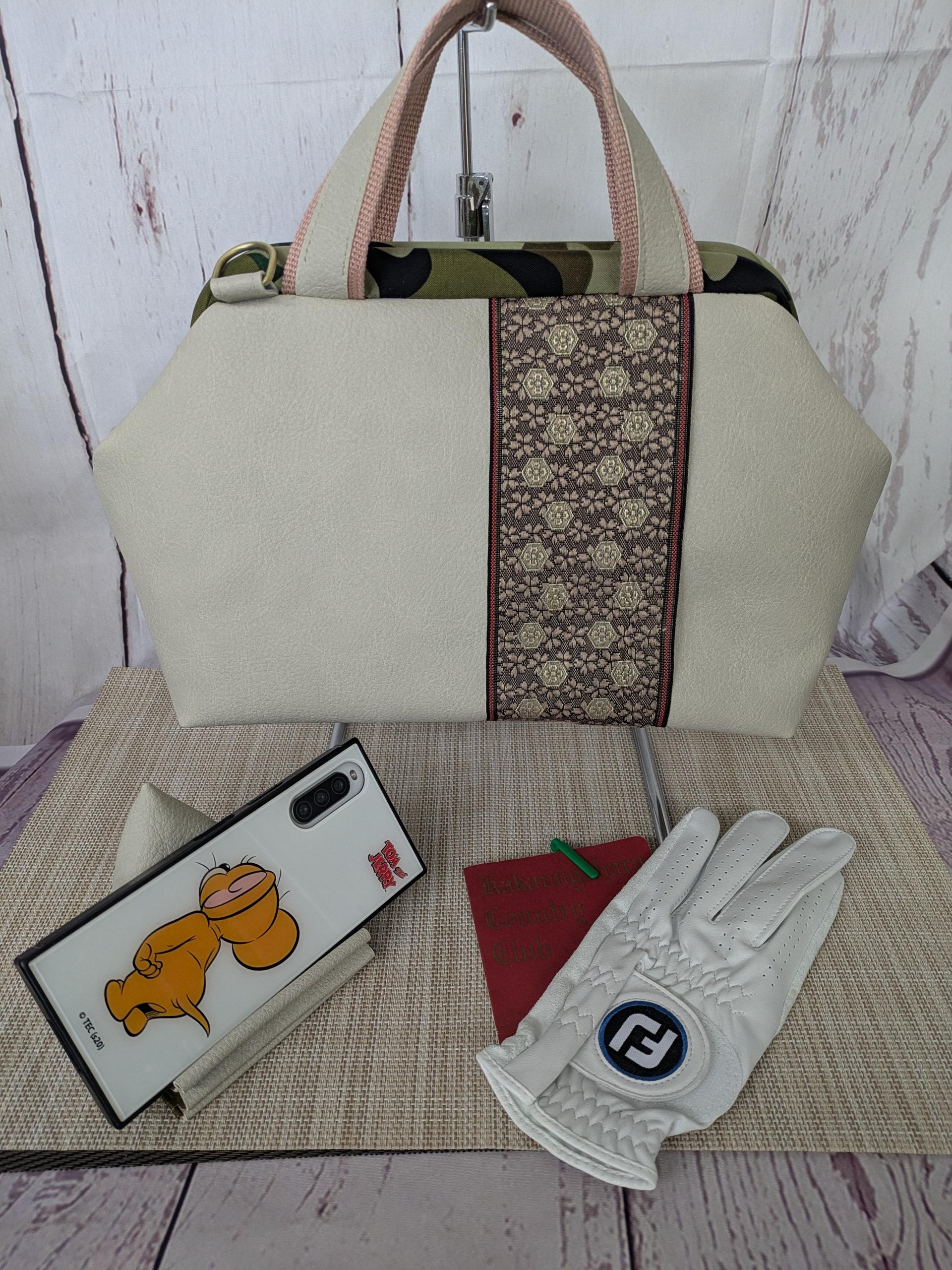 @合皮　カラス対策GOLFラウンドバック　トートバック　『G-Job』ポーチ付き　Lタイプ　ばね口金具　送料無料1枚目の画像